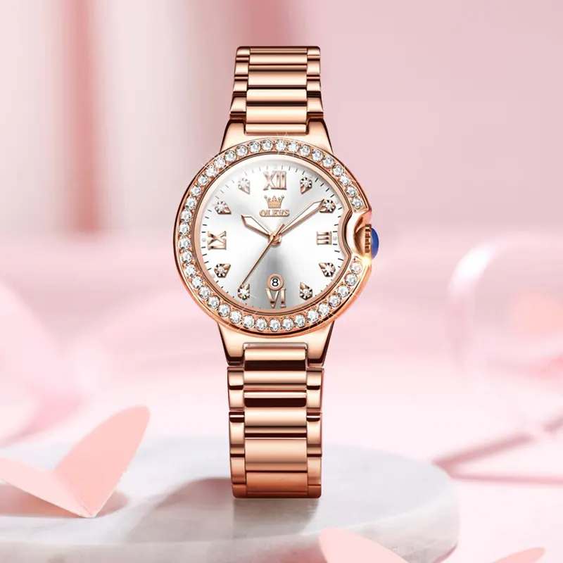 Olevs White Dial Rose Gold-tone Ladies Watch | 5518